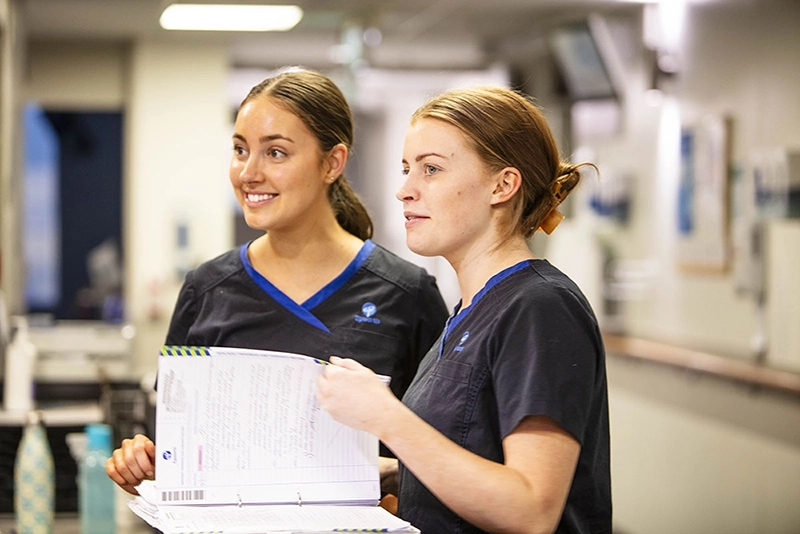 two nurses looking at results