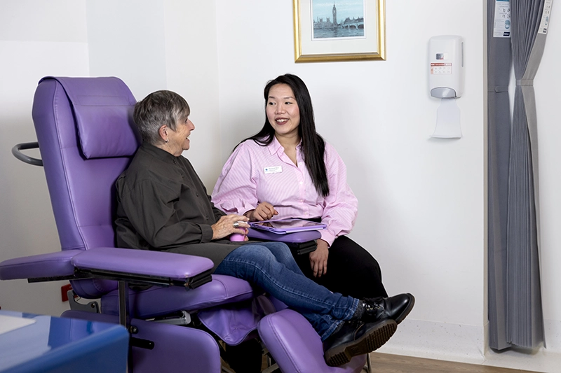 Pancreatic Nurse Coordinator with patient in Chemotherapy Bay at Day Medical Unit - Jreissati Pancreatic Centre